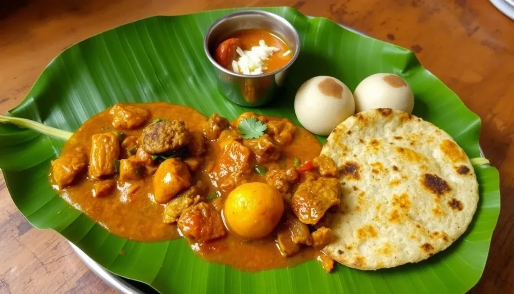 Traditional Kodava cuisine including Pandi Curry and Kadambuttu served on a banana leaf