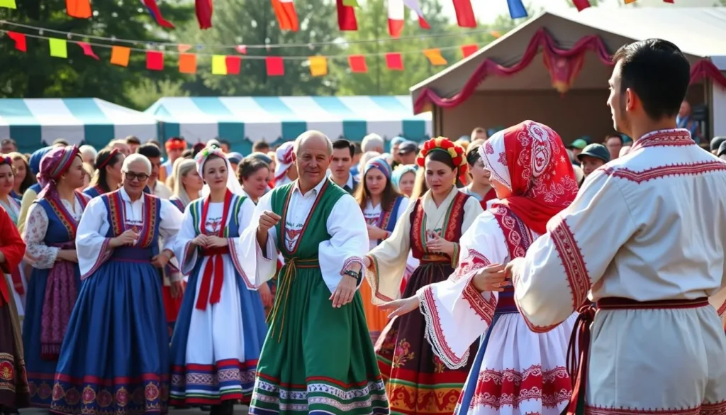 Traditional Komi festival with people in colorful national costumes performing folk dances