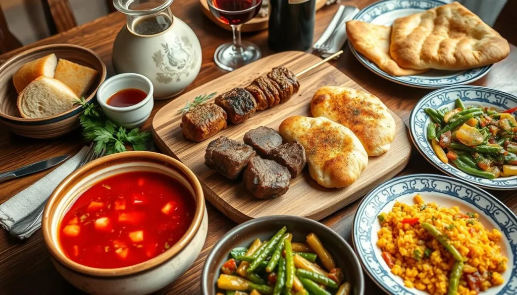 Traditional Kuban cuisine featuring borscht, shashlik, and local bread