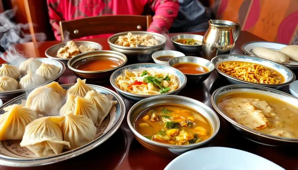 Traditional Ladakhi and Tibetan food spread including momos, thukpa, and butter tea served in an authentic local restaurant Traditional Ladakhi and Tibetan food spread including momos, thukpa, and butter tea served in an authentic local restaurant
