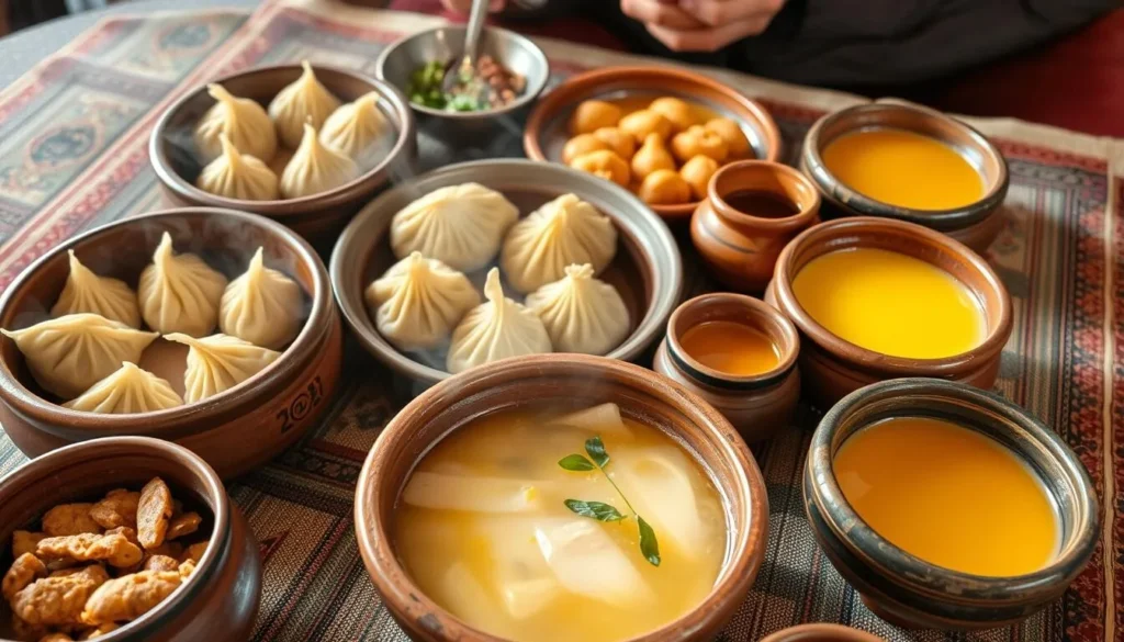 Traditional Ladakhi food including momos, thukpa, and butter tea served in authentic setting Traditional Ladakhi food including momos, thukpa, and butter tea served in authentic setting