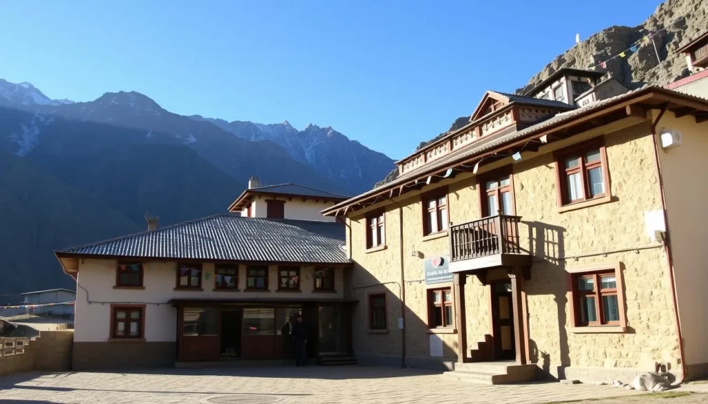 Traditional Ladakhi guesthouse with mountain views and colorful prayer flags Traditional Ladakhi guesthouse with mountain views and colorful prayer flags