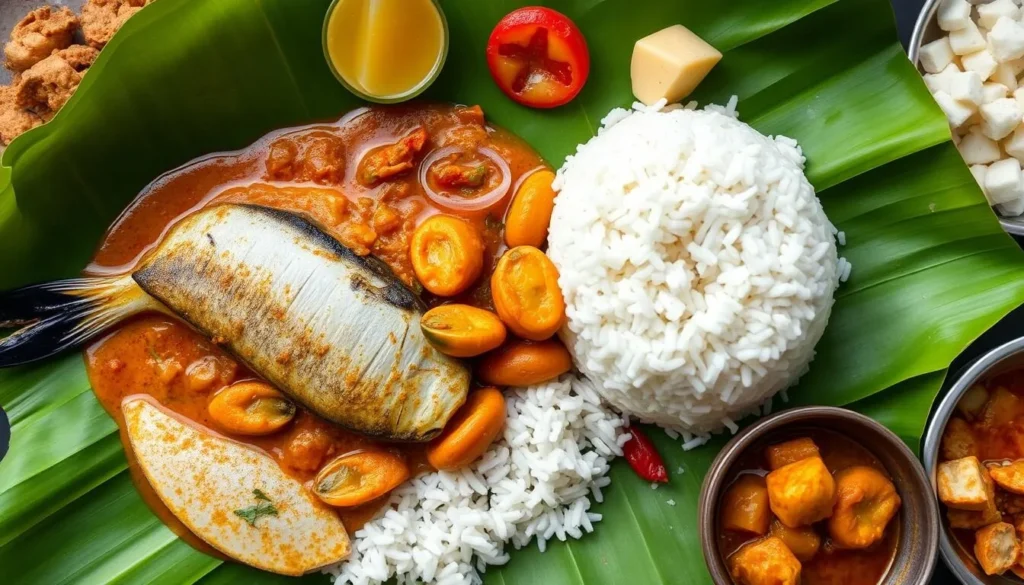 Traditional Lakshadweep seafood meal with tuna curry, rice, and coconut-based sides
