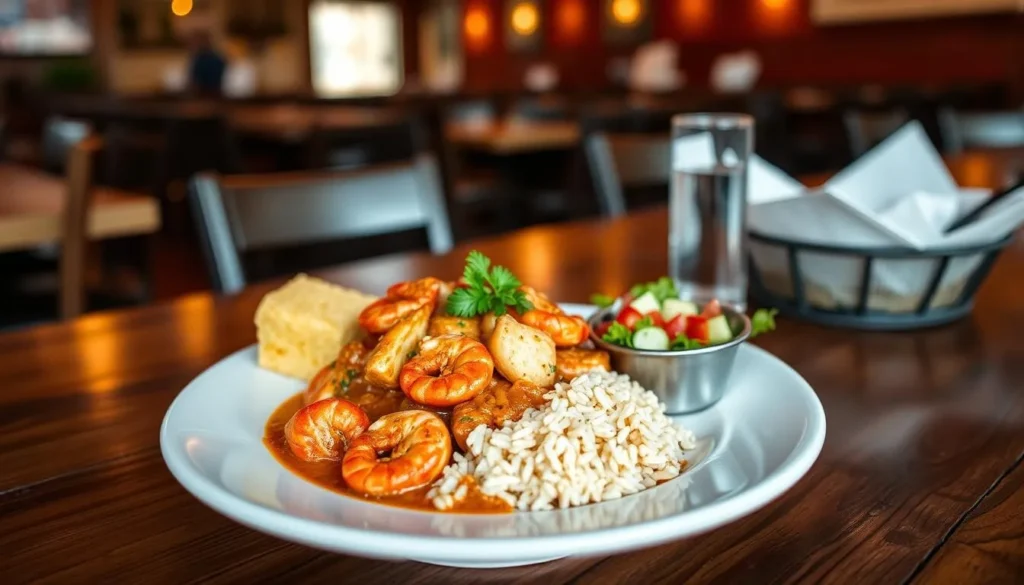 Traditional Louisiana cuisine including crawfish étouffée, served at a restaurant near Tunica Hills