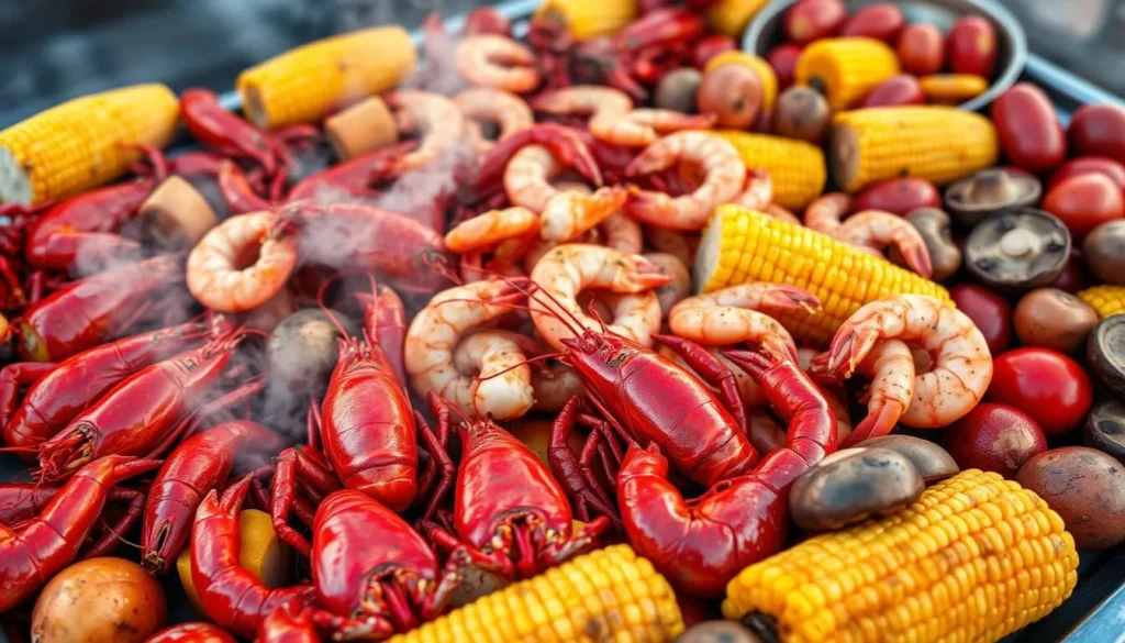Traditional Louisiana seafood boil with crawfish, shrimp, corn, and potatoes