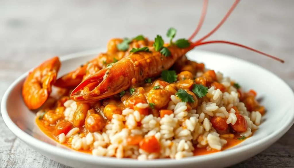 Traditional Louisiana seafood dish with crawfish and rice