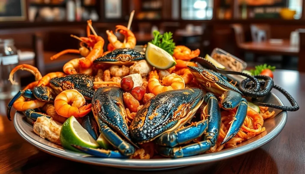 Traditional Louisiana seafood platter with blue crabs, shrimp, and local specialties