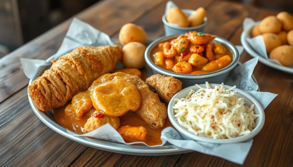 Traditional Louisiana seafood platter with catfish and crawfish