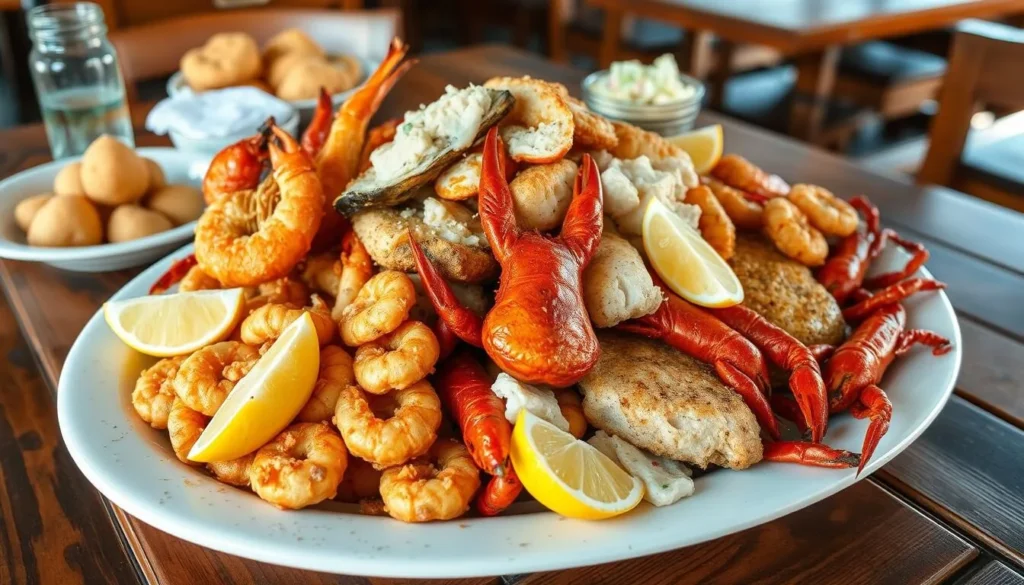 Traditional Louisiana seafood platter with fresh Gulf catches Traditional Louisiana seafood platter with fresh Gulf catches