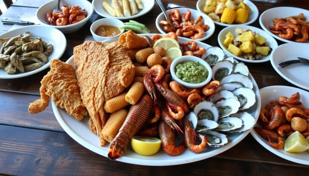 Traditional Louisiana seafood platter with fresh catch from Delta National Wildlife Refuge area Traditional Louisiana seafood platter with fresh catch from Delta National Wildlife Refuge area
