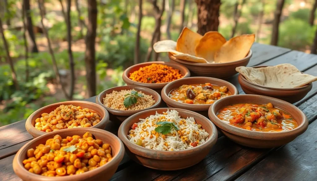 Traditional Madhya Pradesh cuisine served in a natural outdoor setting
