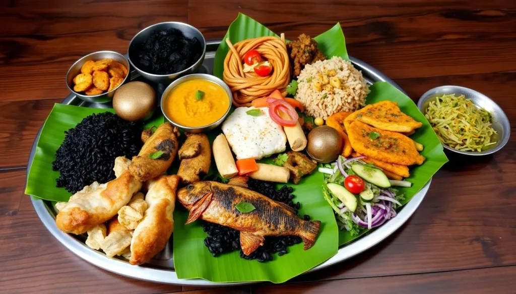Traditional Manipuri thali with various dishes including black rice and fish
