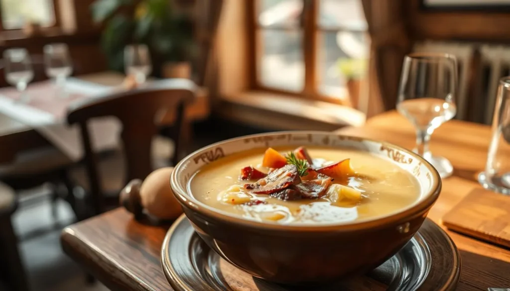Traditional Mecklenburg cuisine featuring potato soup with plums and bacon served in a rustic restaurant setting in Schwerin