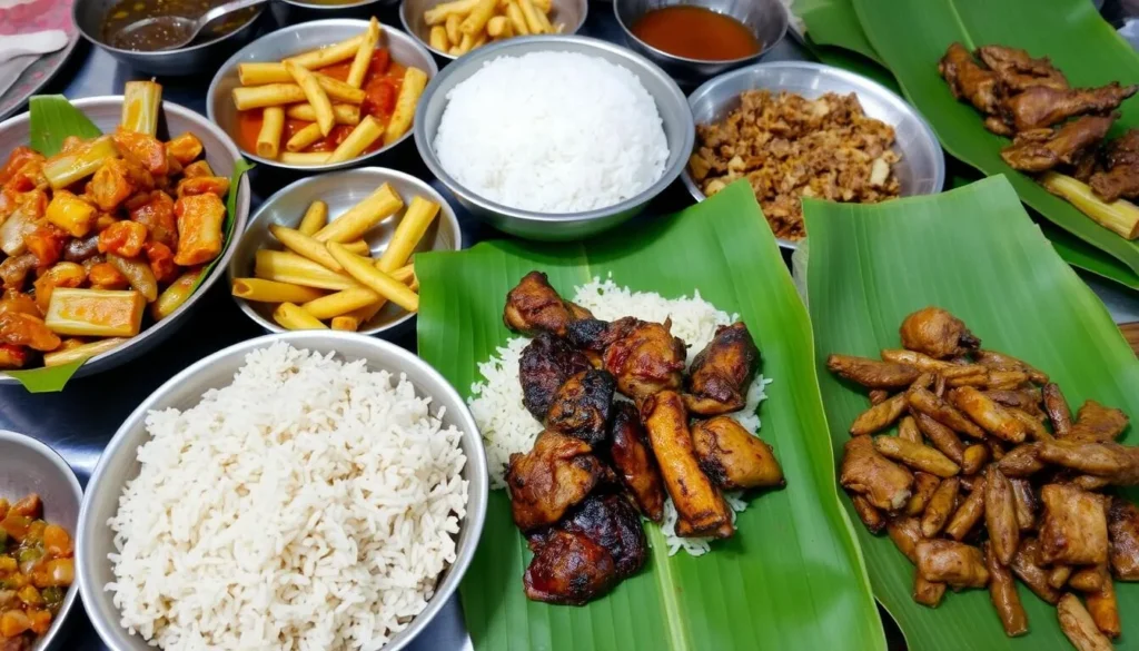 Traditional Mizo cuisine featuring bamboo shoot dishes, smoked meat, and rice served on banana leaves