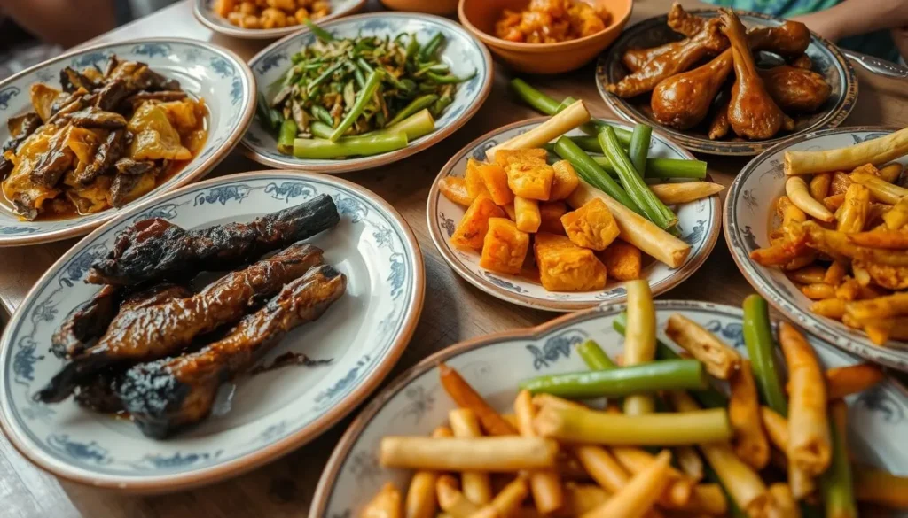 Traditional Naga cuisine with smoked meat and bamboo shoot dishes