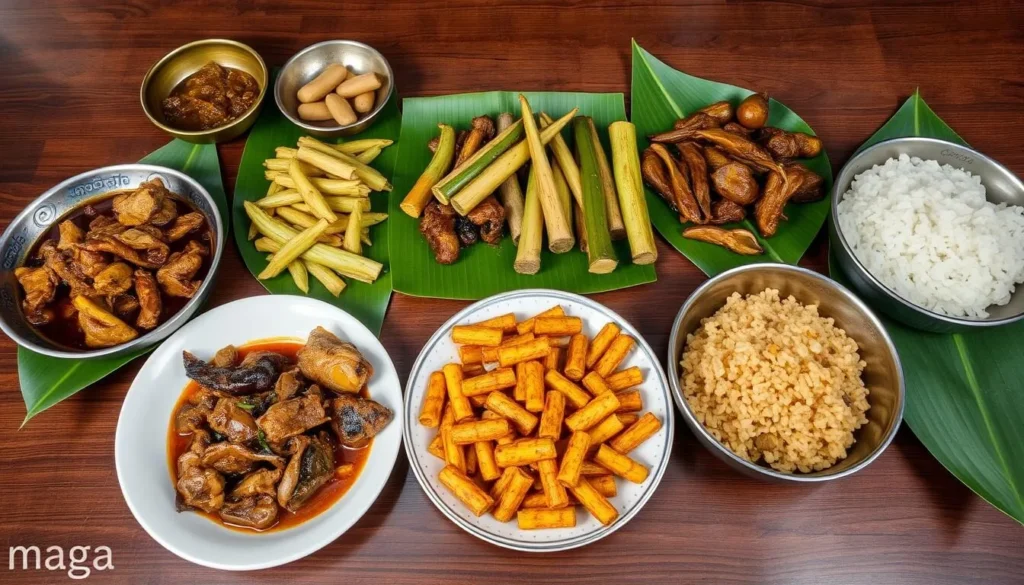 Traditional Naga food spread with pork dishes, bamboo shoot preparations, and rice on banana leaves