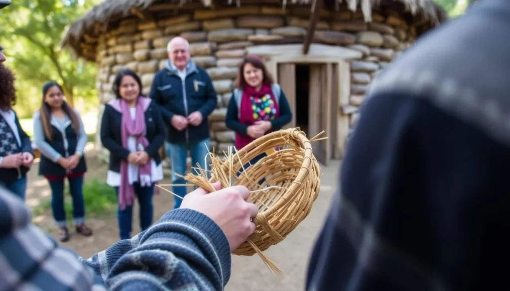 Traditional Native American basket weaving demonstration at Wassama Round House State Historic Park
