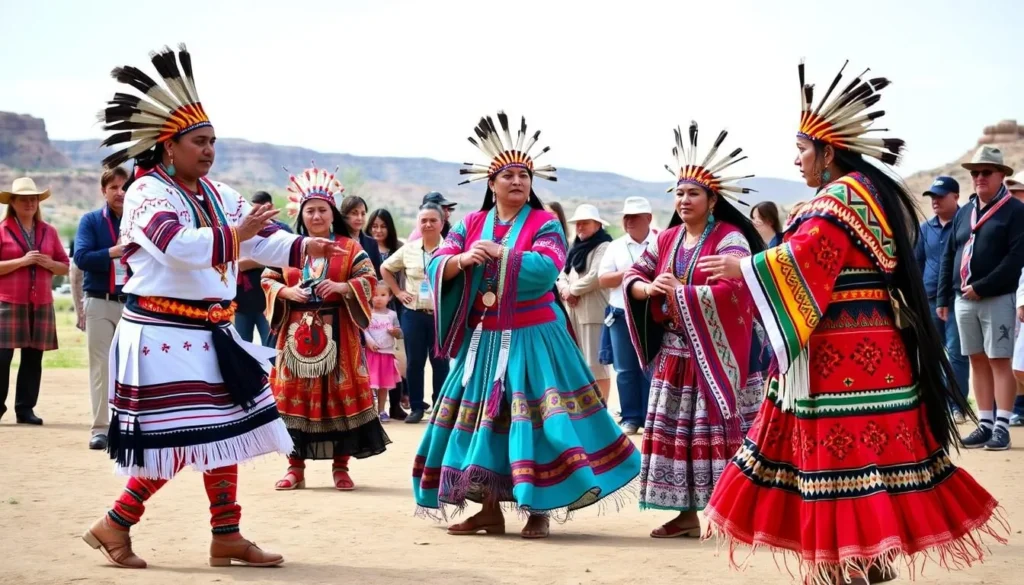 Traditional Navajo dance performance with colorful regalia at a cultural festival Traditional Navajo dance performance with colorful regalia at a cultural festival