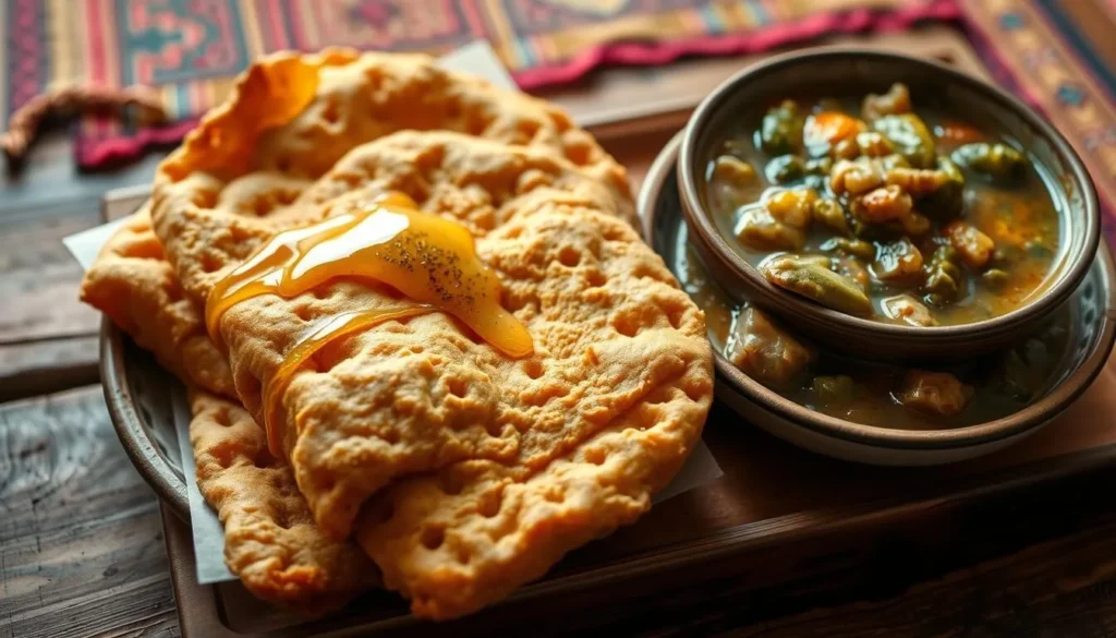 Traditional Navajo fry bread with honey and a bowl of green chile stew on a rustic wooden table Traditional Navajo fry bread with honey and a bowl of green chile stew on a rustic wooden table