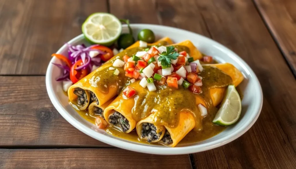 Traditional New Mexican cuisine featuring blue corn enchiladas with green chile Traditional New Mexican cuisine featuring blue corn enchiladas with green chile