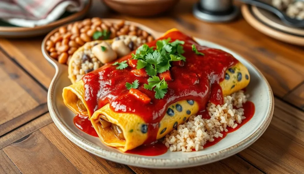 Traditional New Mexican cuisine featuring blue corn enchiladas with red and green chile Traditional New Mexican cuisine featuring blue corn enchiladas with red and green chile