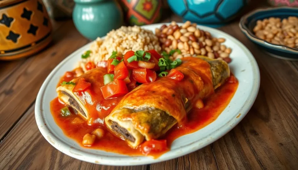 Traditional New Mexican cuisine featuring blue corn enchiladas with red and green chile