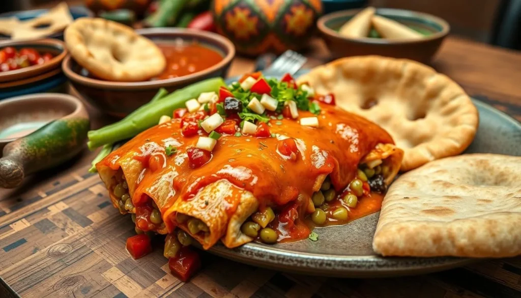 Traditional New Mexican cuisine featuring blue corn enchiladas with red and green chile, served with sopapillas Traditional New Mexican cuisine featuring blue corn enchiladas with red and green chile, served with sopapillas