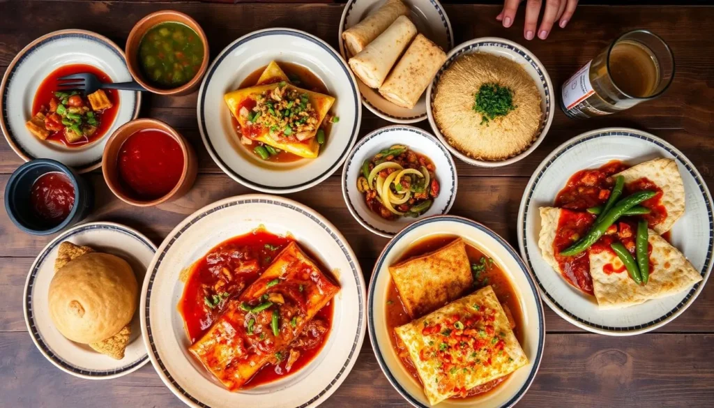 Traditional New Mexican cuisine featuring colorful dishes with red and green chile