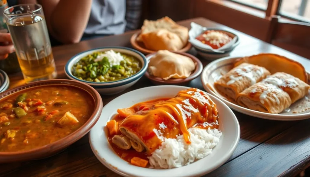 Traditional New Mexican cuisine featuring green chile dishes at a local Santa Rosa restaurant Traditional New Mexican cuisine featuring green chile dishes at a local Santa Rosa restaurant