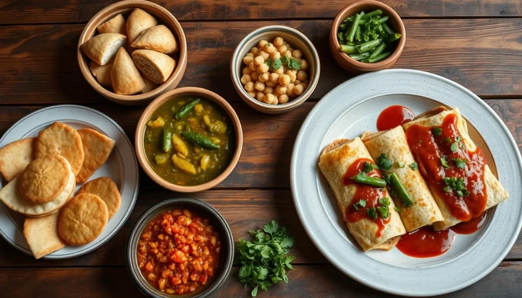 Traditional New Mexican cuisine featuring green chile stew, sopapillas, and blue corn enchiladas