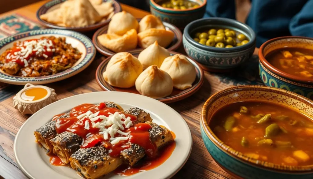 Traditional New Mexican cuisine with colorful dishes including blue corn enchiladas and sopapillas Traditional New Mexican cuisine with colorful dishes including blue corn enchiladas and sopapillas