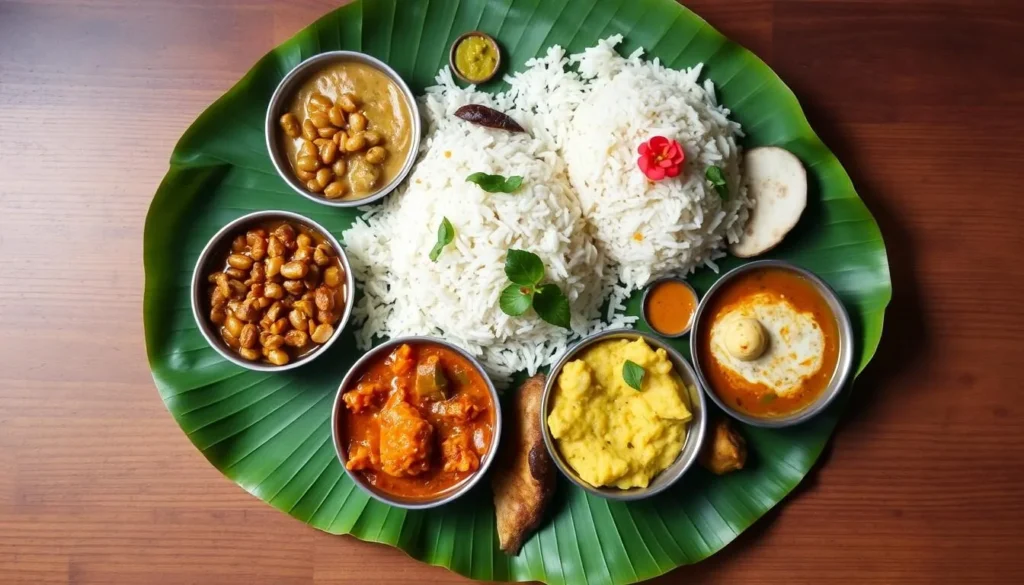 Traditional Odia thali with various dishes including Dalma, Pakhala Bhata, and sweets