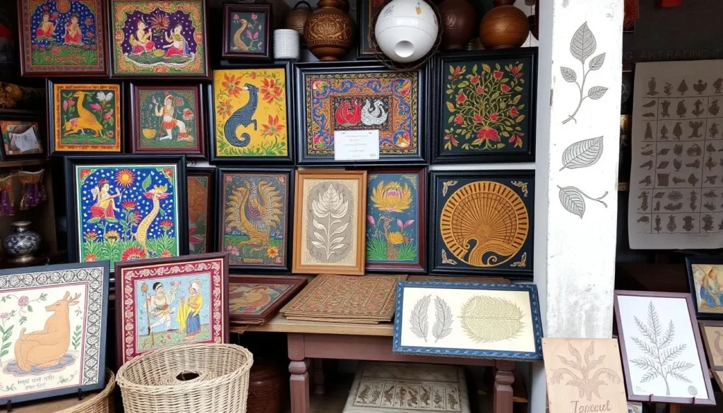 Traditional Odishan handicrafts including pattachitra paintings and appliqué work