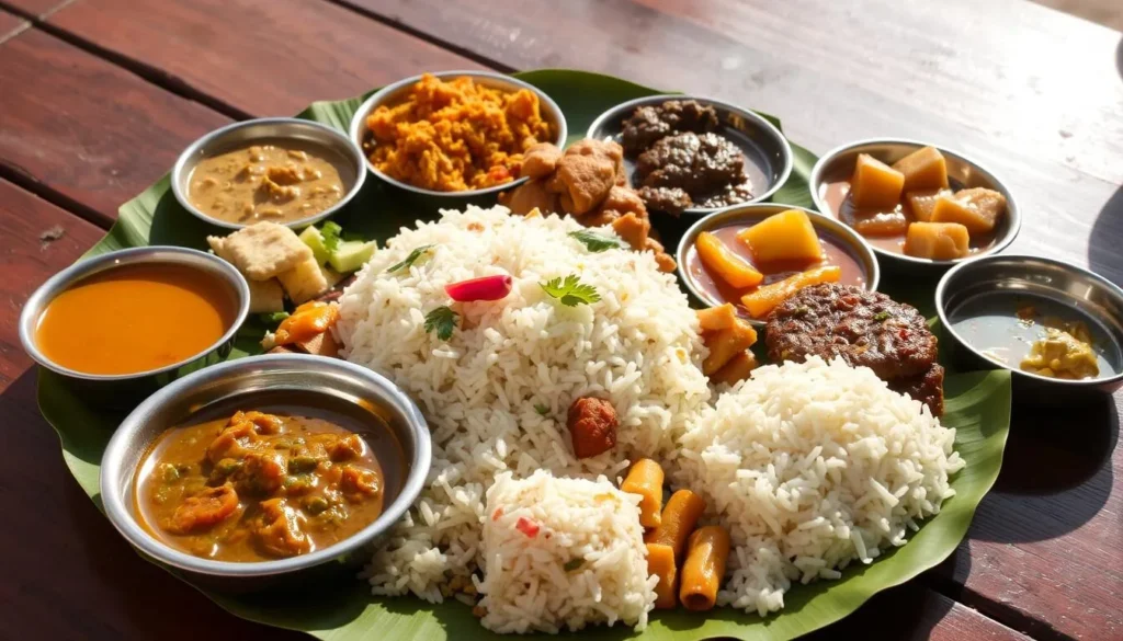 Traditional Odishan thali with various dishes served on banana leaf