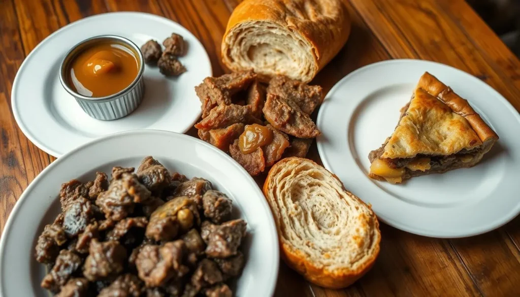 Traditional Pennsylvania Dutch meal with scrapple, apple butter, and shoofly pie served at a rustic restaurant table Traditional Pennsylvania Dutch meal with scrapple, apple butter, and shoofly pie served at a rustic restaurant table