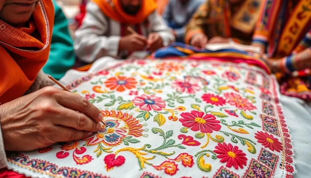 Traditional Phulkari embroidery work being created by Punjabi artisans