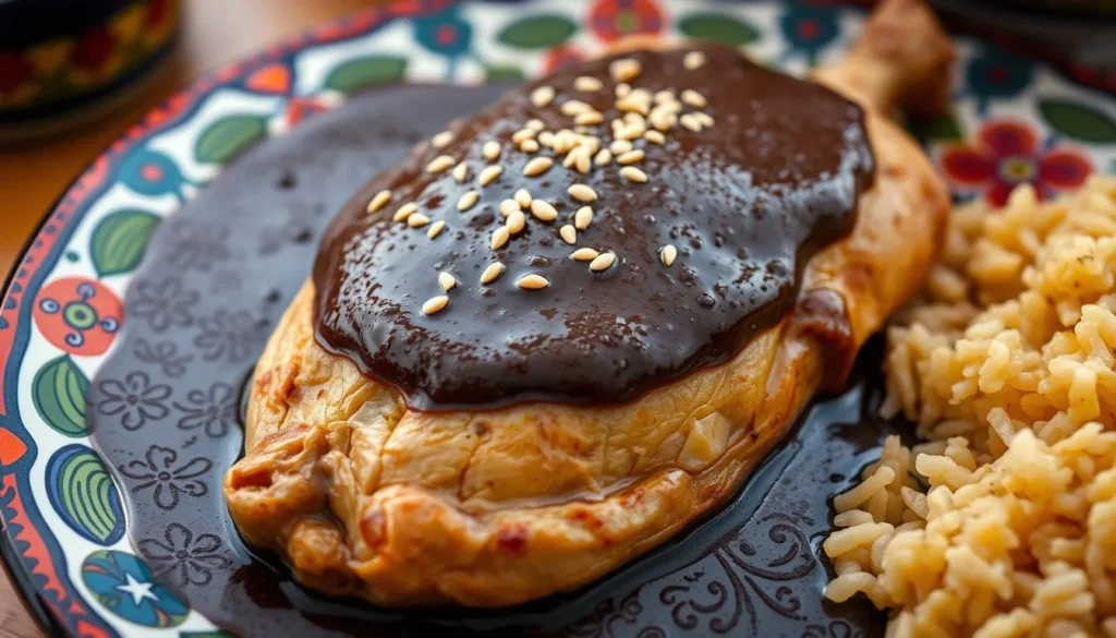Traditional Pueblan dish of Mole Poblano served in a colorful ceramic plate