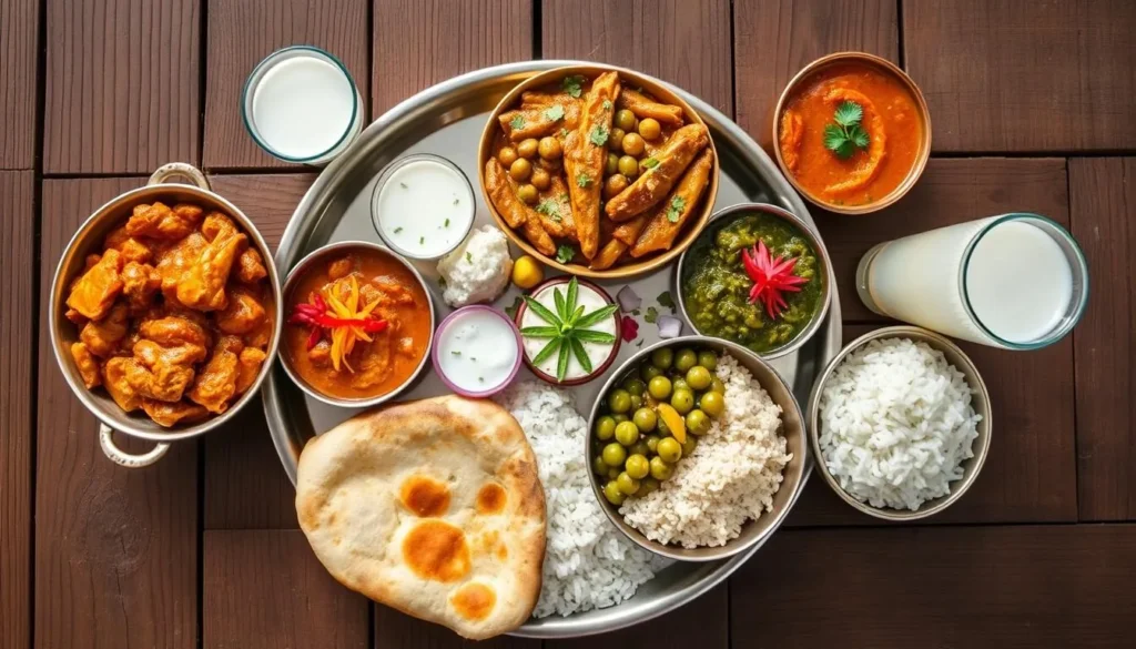 Traditional Punjabi thali with butter chicken, dal makhani, naan, and lassi
