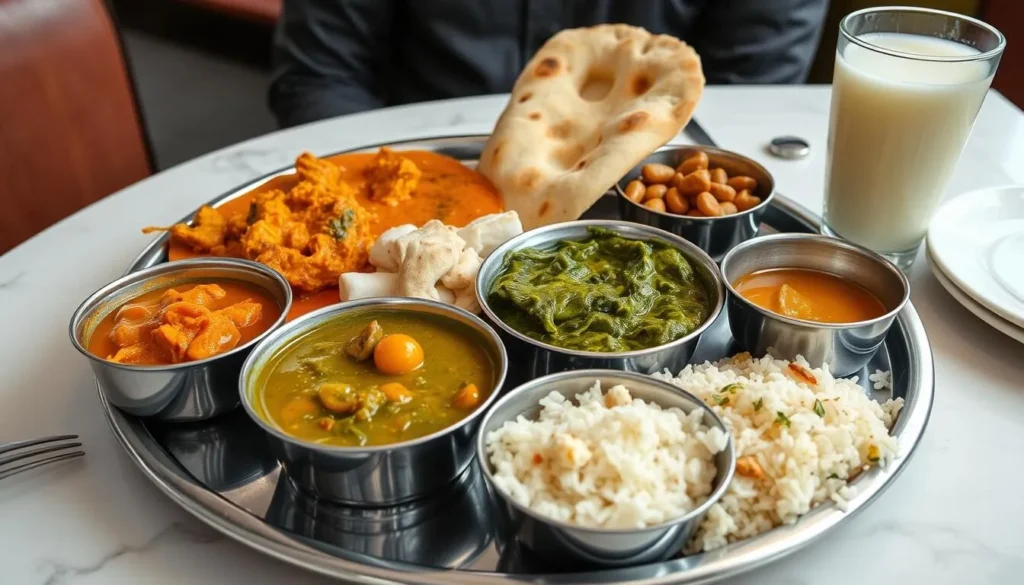 Traditional Punjabi thali with butter chicken, naan, and lassi