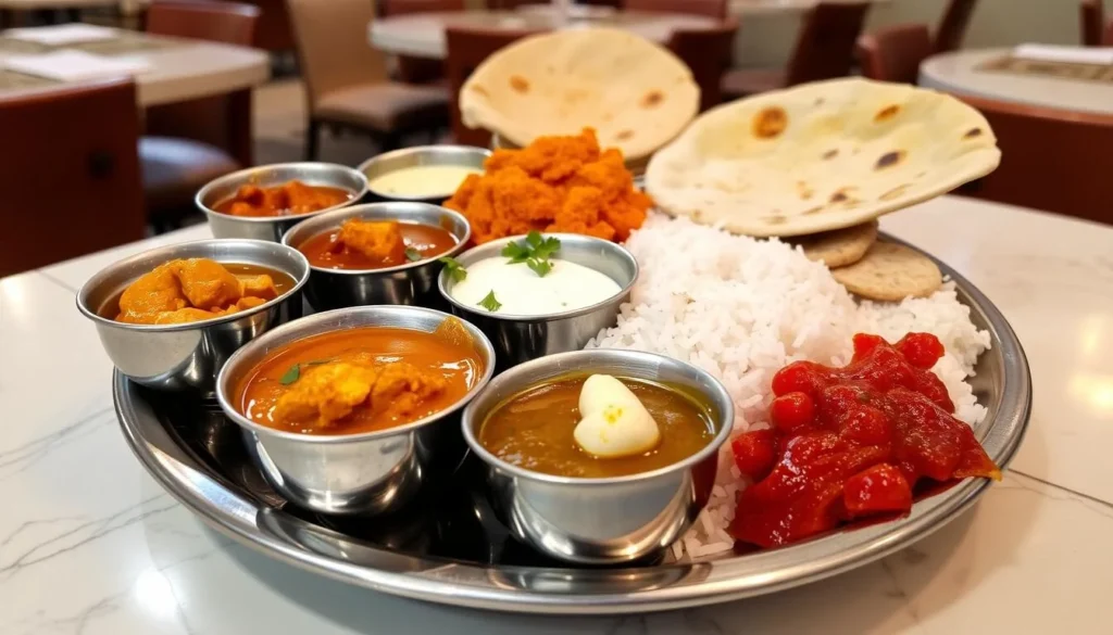 Traditional Punjabi thali with various dishes including butter chicken, dal makhani, and naan bread Traditional Punjabi thali with various dishes including butter chicken, dal makhani, and naan bread
