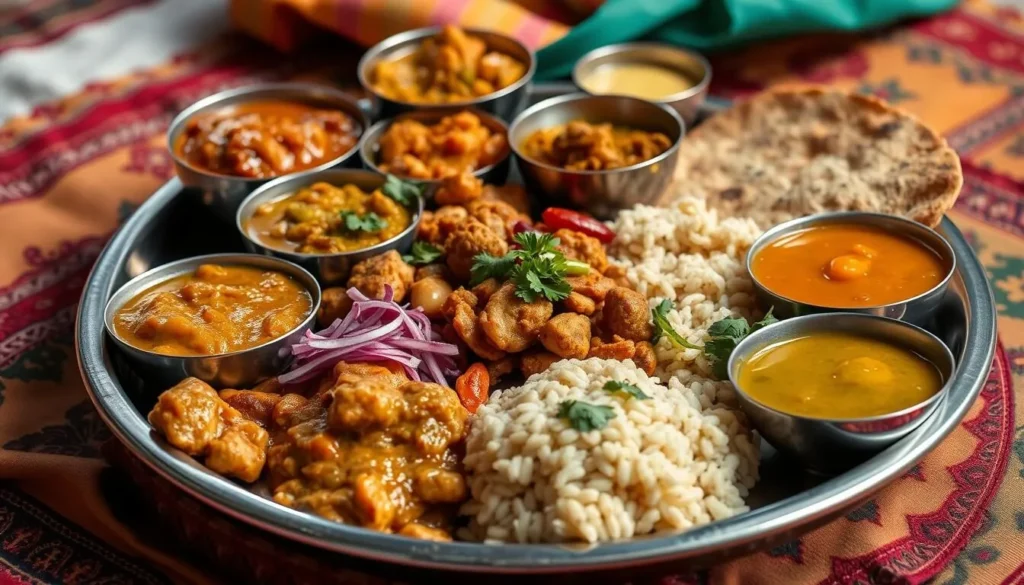 Traditional Rajasthani thali meal with various colorful dishes, bread, and accompaniments served on a metal plate
