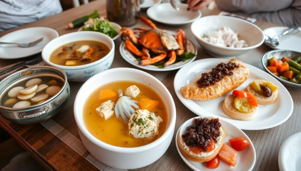 Traditional Russian and local Magadan seafood dishes served at a restaurant