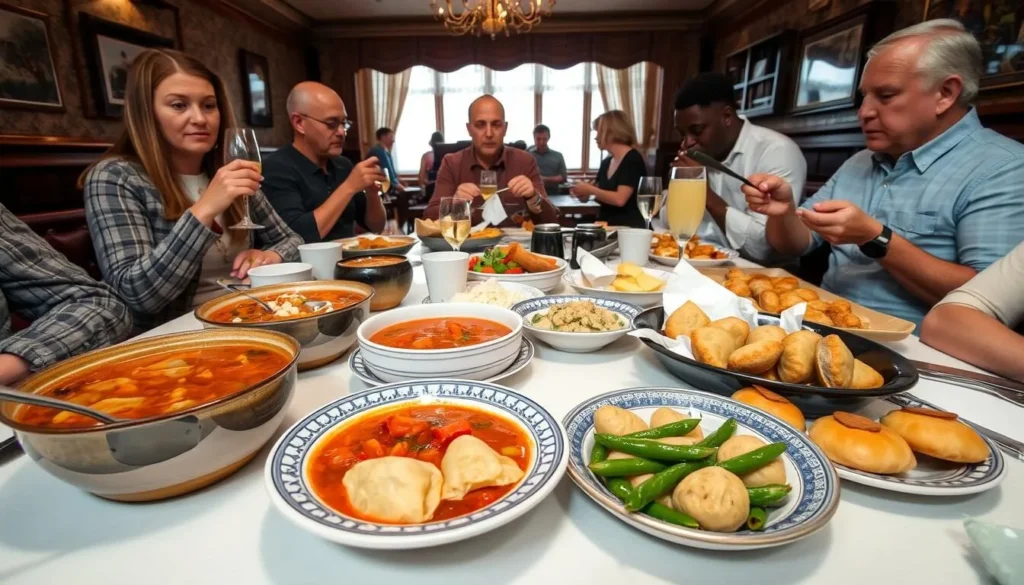 Traditional Russian cuisine being served at a restaurant in Veliky Novgorod with diners enjoying their meal