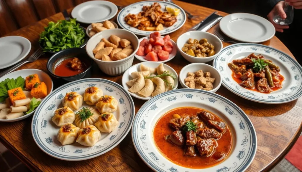 Traditional Russian dishes served at a restaurant in Perm