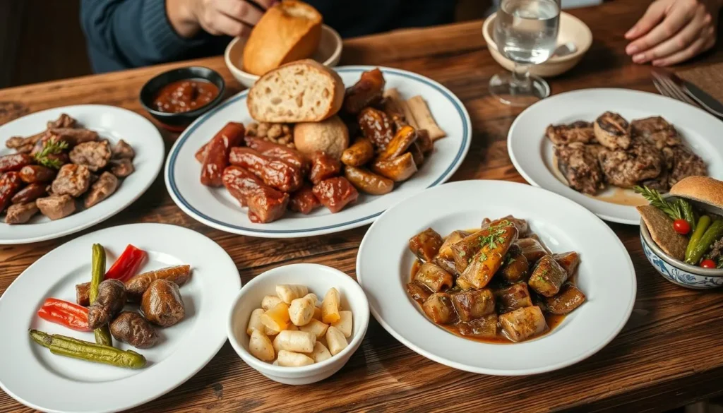 Traditional Russian meal with Tambov specialties including meat dishes and bread