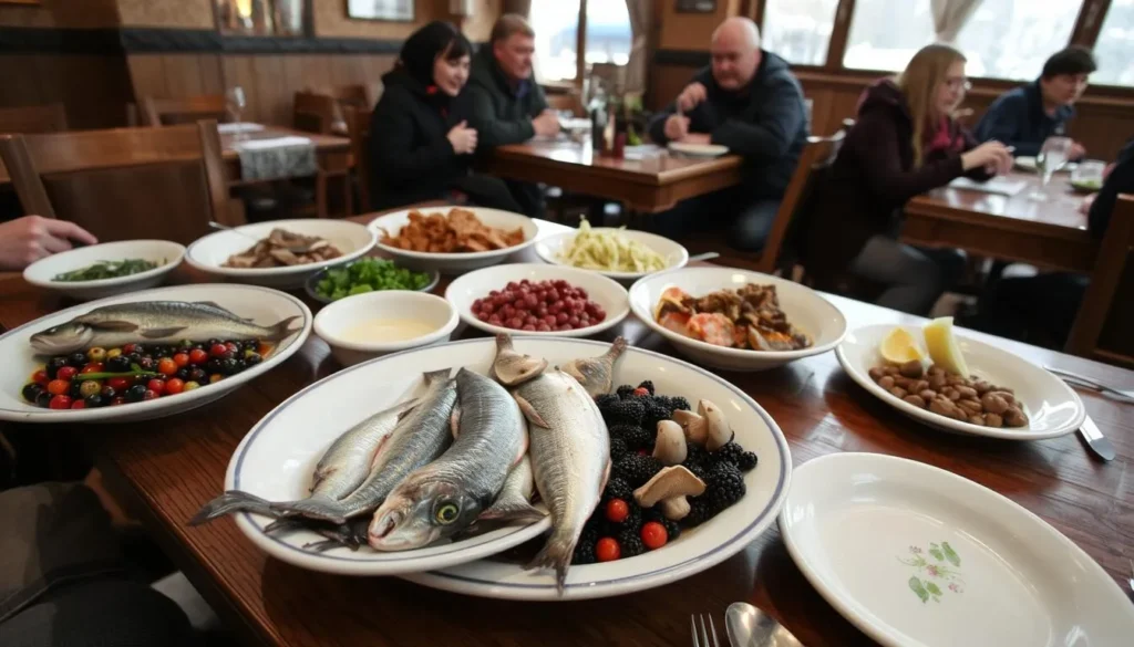 Traditional Siberian cuisine featuring fish dishes and wild berries in a local restaurant Traditional Siberian cuisine featuring fish dishes and wild berries in a local restaurant