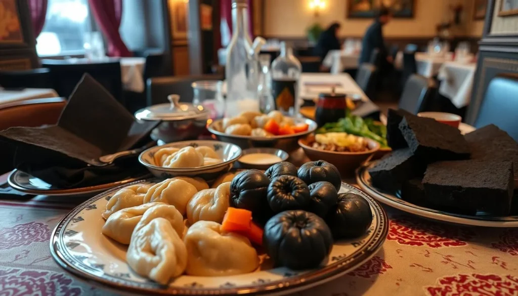 Traditional Siberian meal featuring pelmeni dumplings, bread, and pickled vegetables