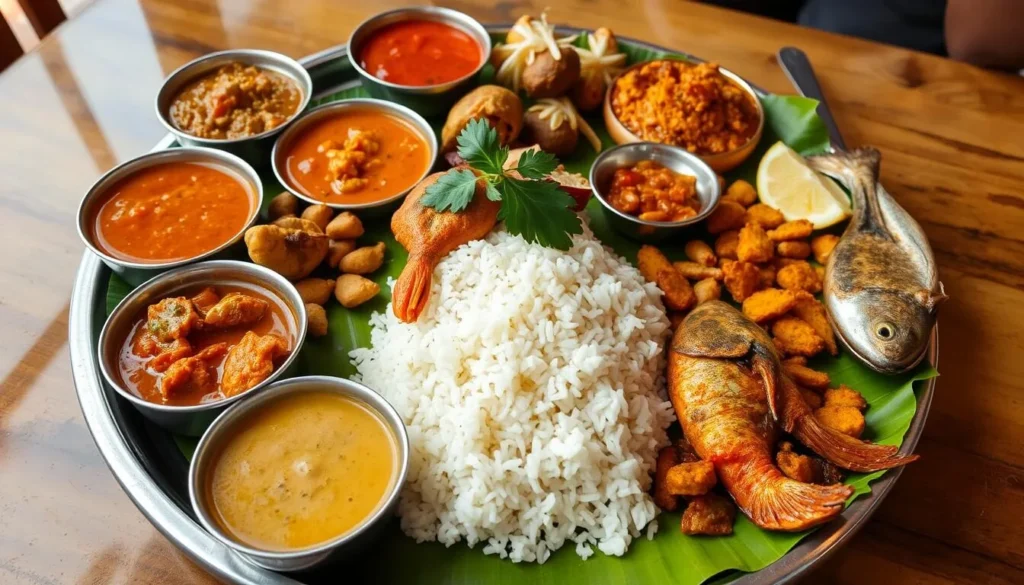 Traditional South Indian seafood thali served at a beachside restaurant in Gokarna