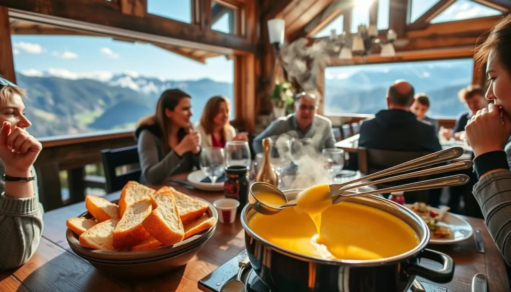 Traditional Swiss fondue being served in a rustic mountain restaurant