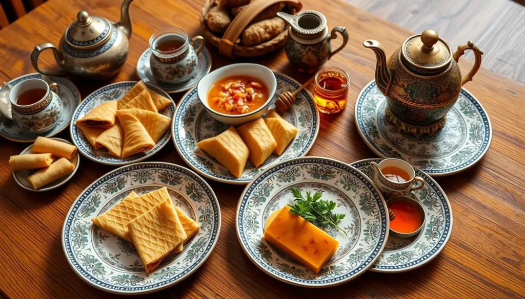 Traditional Tatar food spread including echpochmak triangular pastries, chak-chak honey dessert, and tea service Traditional Tatar food spread including echpochmak triangular pastries, chak-chak honey dessert, and tea service